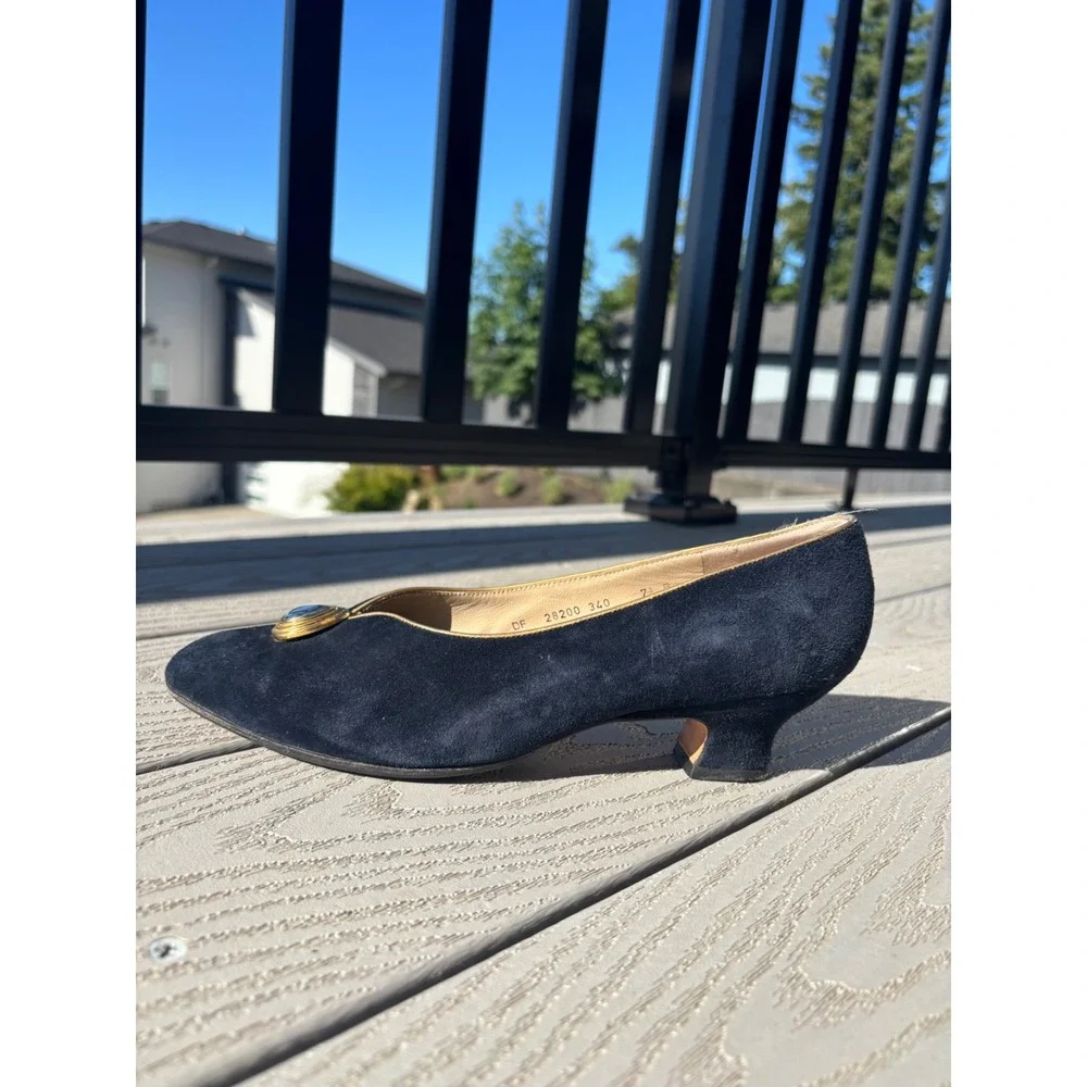 Salvatore Ferragamo Navy Suede Low Heel Pumps with Gold Accent